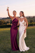 Backless halter formal dress Plum satin bias cut slip gown Pure mulberry 100% silk maxi dress wine color Wedding guest dress