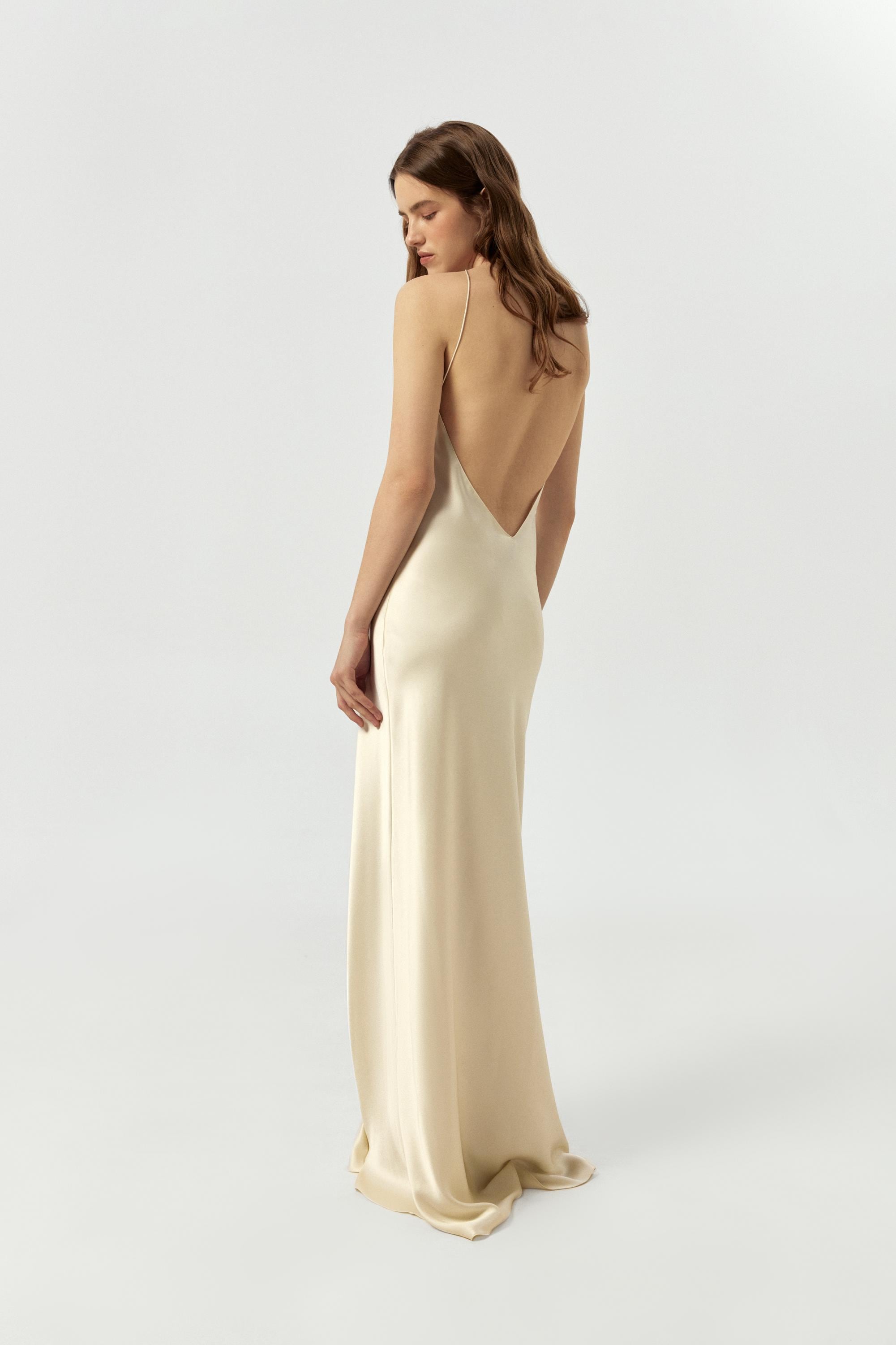 Simple 100% Silk Slip Wedding Dress | Backless Elegant Bridal Gown with halter neck - premium heavy pure mulberry silk satin