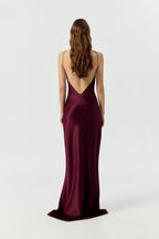 Backless halter formal dress Plum satin bias cut slip gown Pure mulberry 100% silk maxi dress wine color Wedding guest dress
