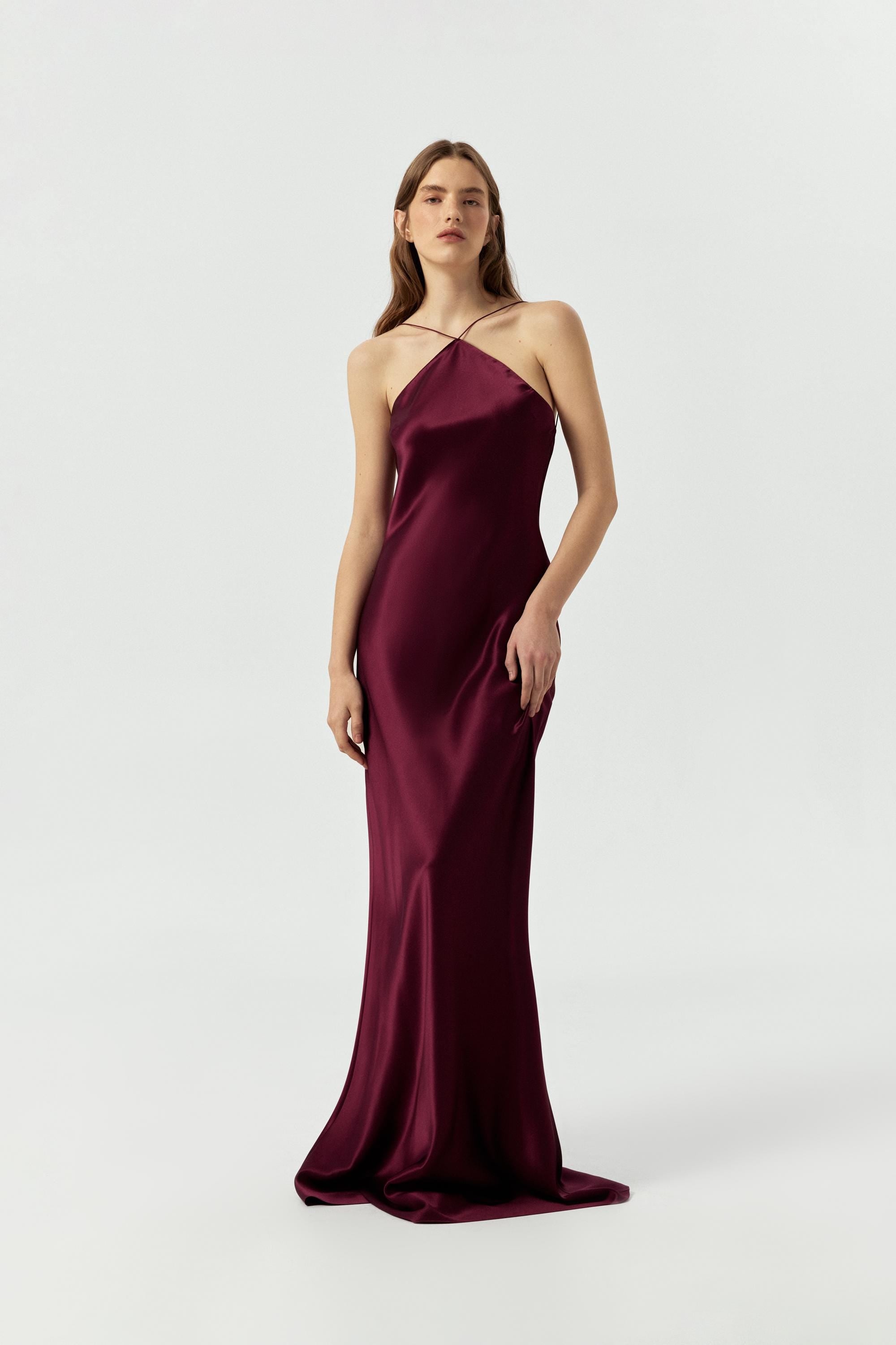 Backless halter formal dress Plum satin bias cut slip gown Pure mulberry 100% silk maxi dress wine color Wedding guest dress