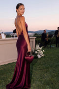 Backless halter formal dress Plum satin bias cut slip gown Pure mulberry 100% silk maxi dress wine color Wedding guest dress