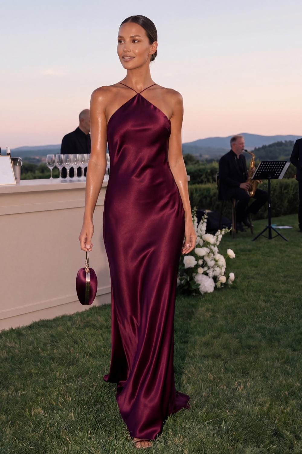 Backless halter formal dress Plum satin bias cut slip gown Pure mulberry 100% silk maxi dress wine color Wedding guest dress
