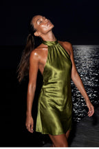 High neck backless silk-satin mini dress in Chartreuse Green Halter short slip cami dress Summer wedding guest dress Romantic date