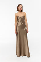 Bias Cut Silk Maxi Dress | Taupe Bronze Slip Gown | Wedding Guest Dress | 100% Mulberry Silk Satin | Mocha Olive Silk Sister of Bride Dress