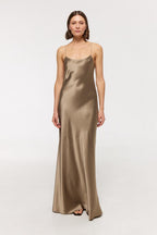 Bias Cut Silk Maxi Dress | Taupe Bronze Slip Gown | Wedding Guest Dress | 100% Mulberry Silk Satin | Mocha Olive Silk Sister of Bride Dress
