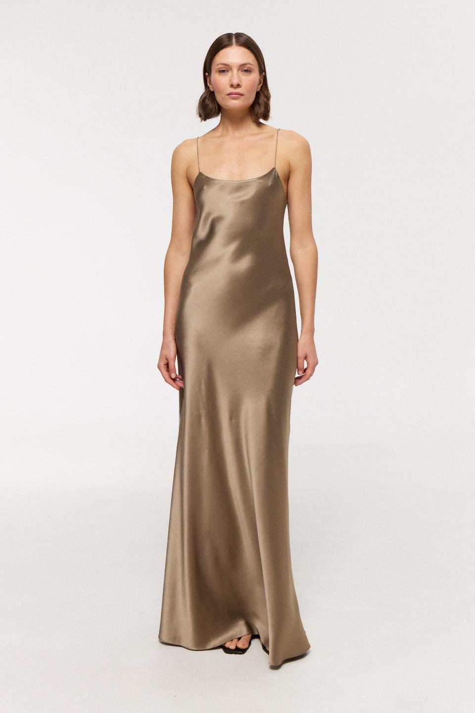 Bias Cut Silk Maxi Dress | Taupe Bronze Slip Gown | Wedding Guest Dress | 100% Mulberry Silk Satin | Mocha Olive Silk Sister of Bride Dress