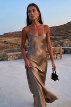Bias Cut Silk Maxi Dress | Taupe Bronze Slip Gown | Wedding Guest Dress | 100% Mulberry Silk Satin | Mocha Olive Silk Sister of Bride Dress
