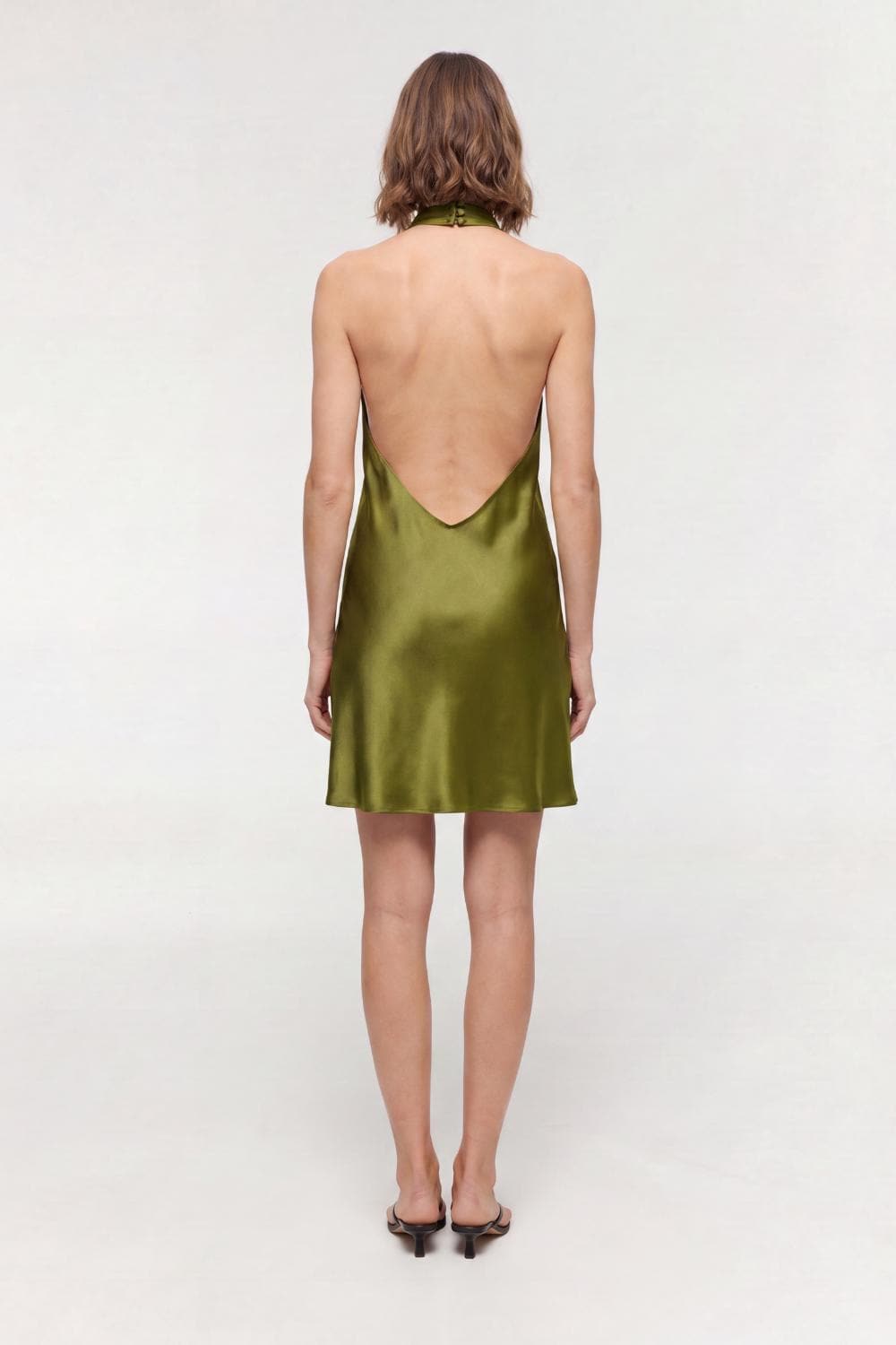High neck backless silk-satin mini dress in Chartreuse Green Halter short slip cami dress Summer wedding guest dress Romantic date