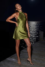 High neck backless silk-satin mini dress in Chartreuse Green Halter short slip cami dress Summer wedding guest dress Romantic date
