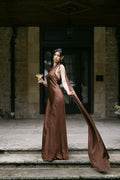 Satin Silk Maxi Dress: Brown Backless Wedding Guest Dress