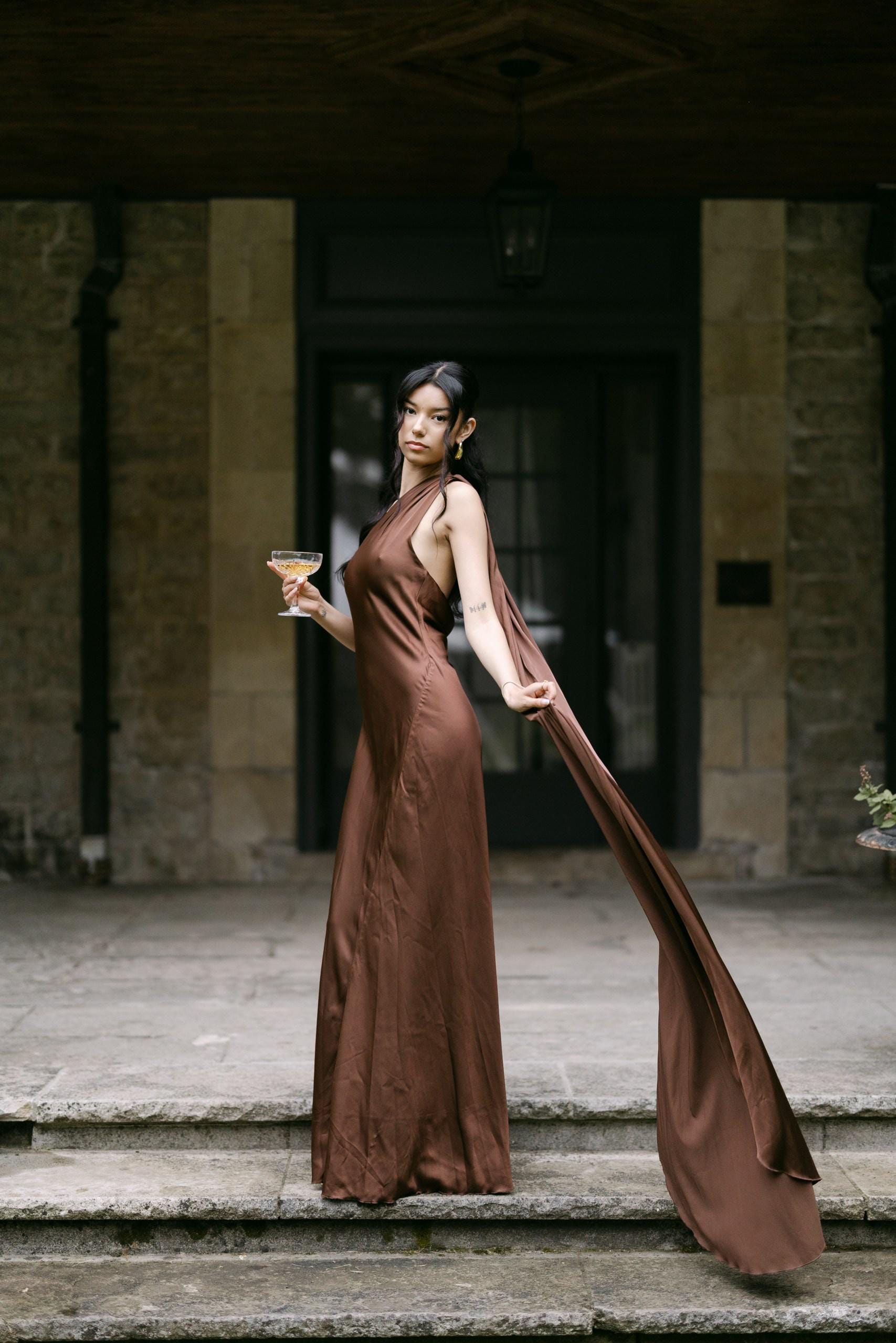 Satin Silk Maxi Dress: Brown Backless Wedding Guest Dress