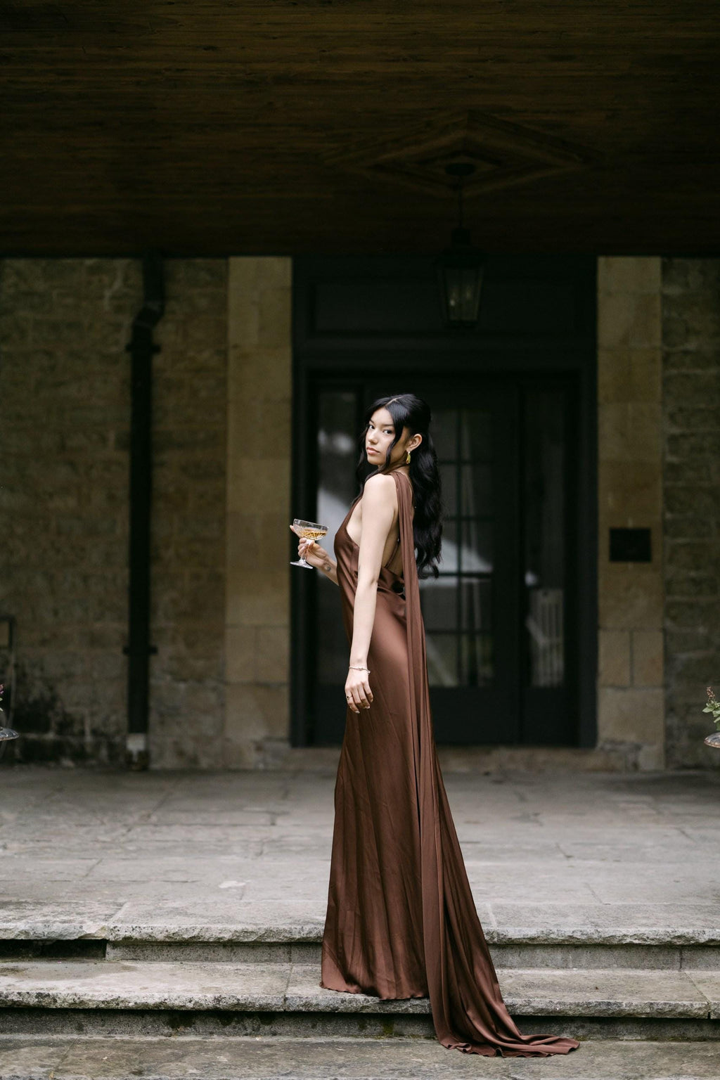 Satin Silk Maxi Dress: Brown Backless Wedding Guest Dress