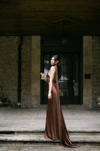 Satin Silk Maxi Dress: Brown Backless Wedding Guest Dress