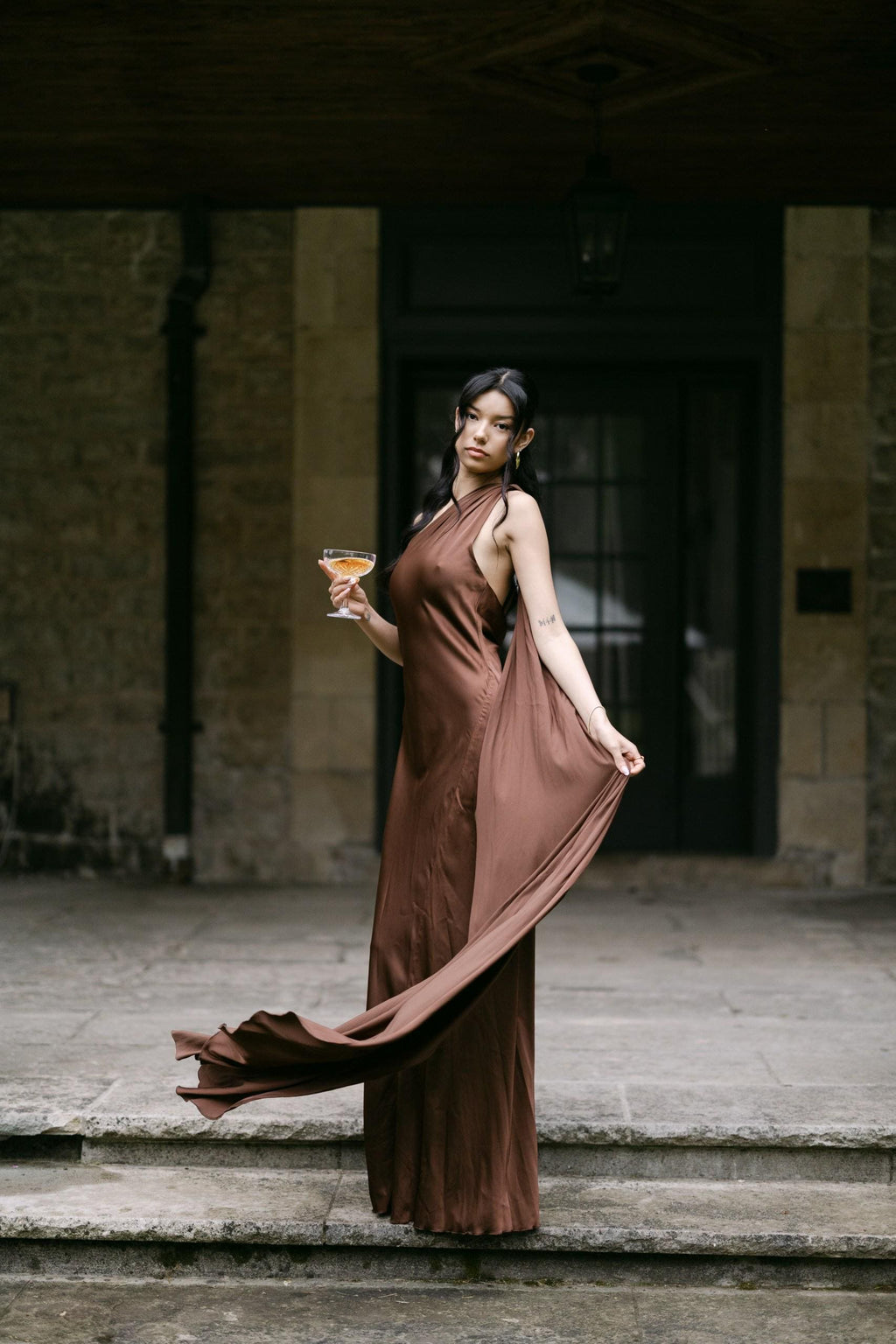 Satin Silk Maxi Dress: Brown Backless Wedding Guest Dress