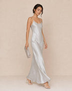 Silk Slip Dress, Maxi Satin Dress with Spaghetti Straps, Minimal Bridal Shower and Evening Party Dress