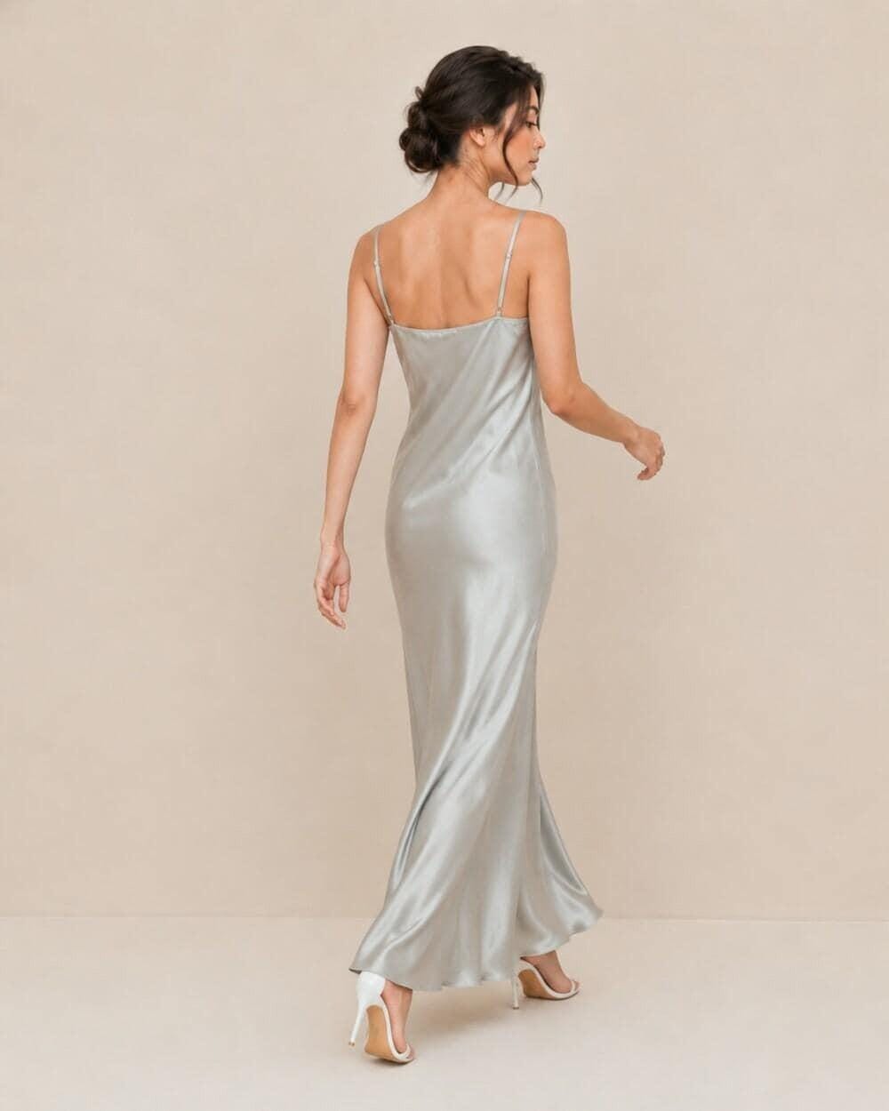 Silk Slip Dress, Maxi Satin Dress with Spaghetti Straps, Minimal Bridal Shower and Evening Party Dress