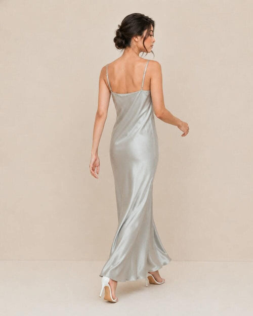 Silk Slip Dress, Maxi Satin Dress with Spaghetti Straps, Minimal Bridal Shower and Evening Party Dress