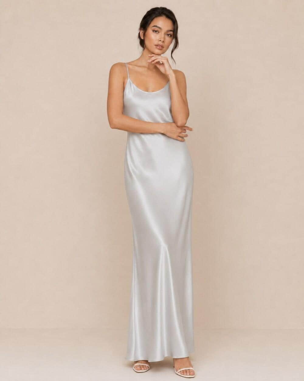 Silk Slip Dress, Maxi Satin Dress with Spaghetti Straps, Minimal Bridal Shower and Evening Party Dress