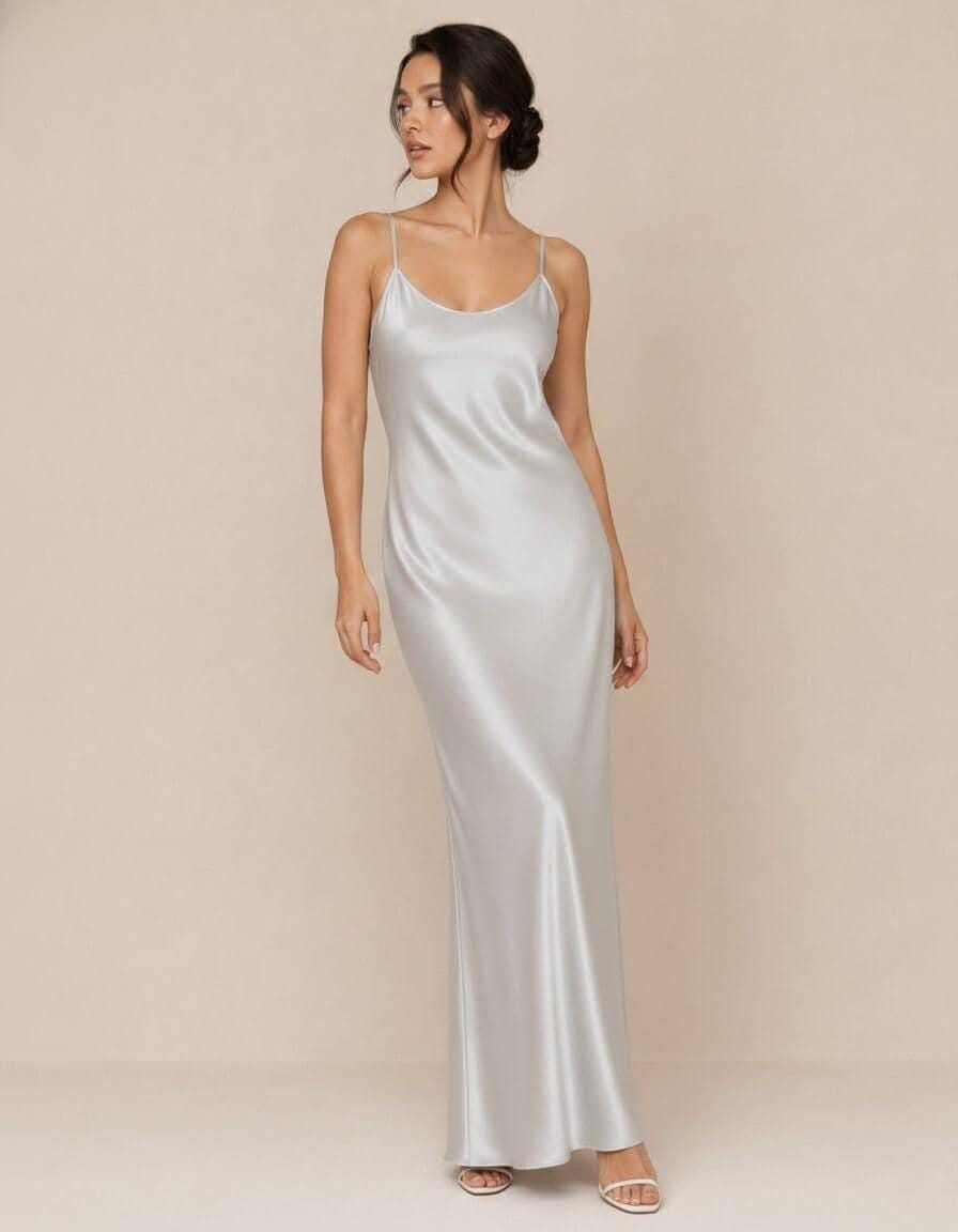 Silk Slip Dress, Maxi Satin Dress with Spaghetti Straps, Minimal Bridal Shower and Evening Party Dress