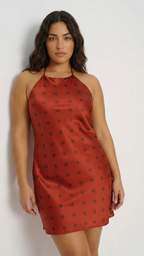 Silk Halter Mini Dress in Terracotta Dot