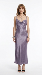 Metallic Cowl-Neck Slip Dress in Iridescent Lilac