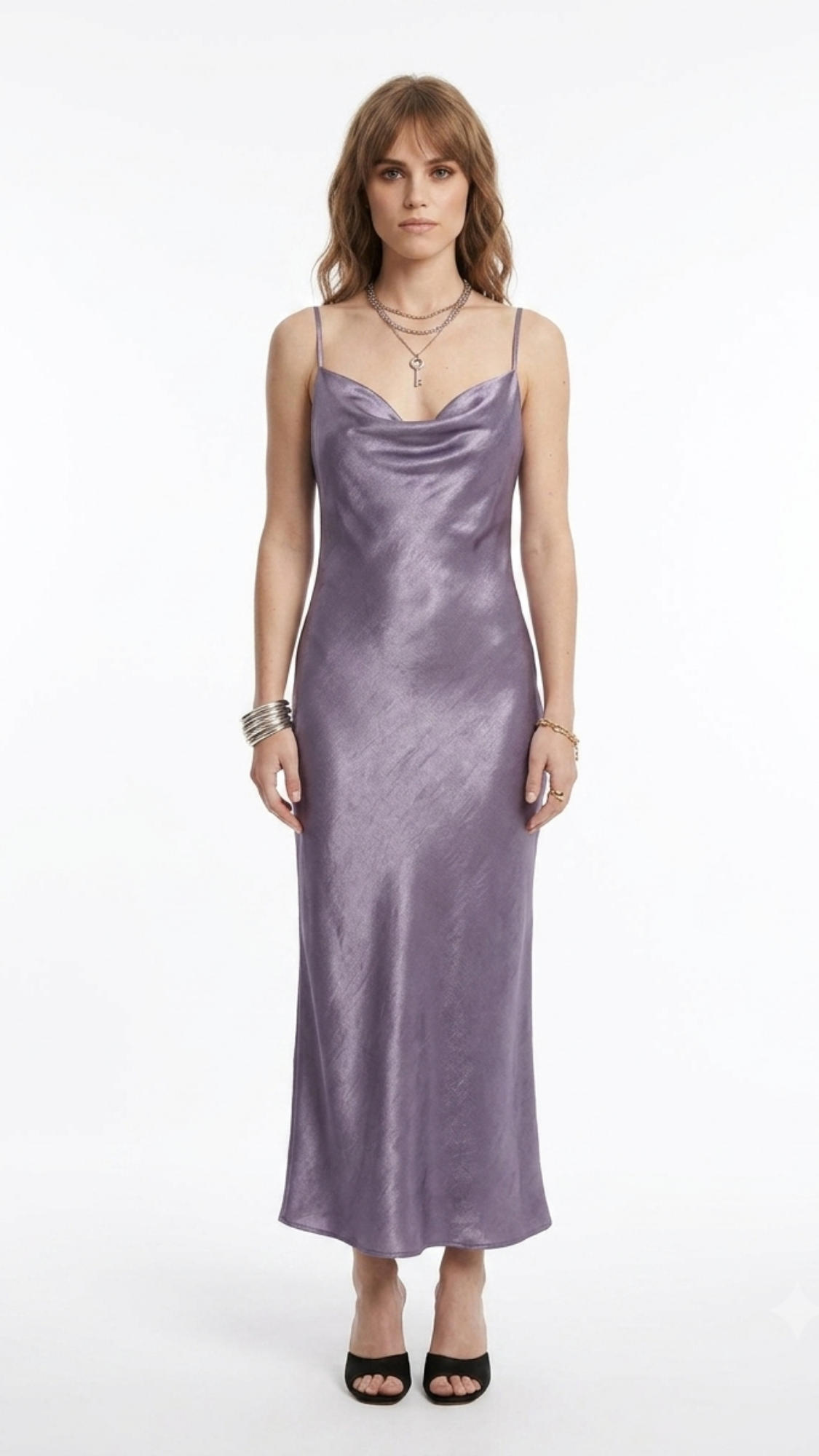Metallic Cowl-Neck Slip Dress in Iridescent Lilac