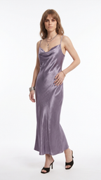 Metallic Cowl-Neck Slip Dress in Iridescent Lilac