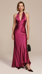 Vesper Backless Mulberry Silk Maxi Dress in Magenta