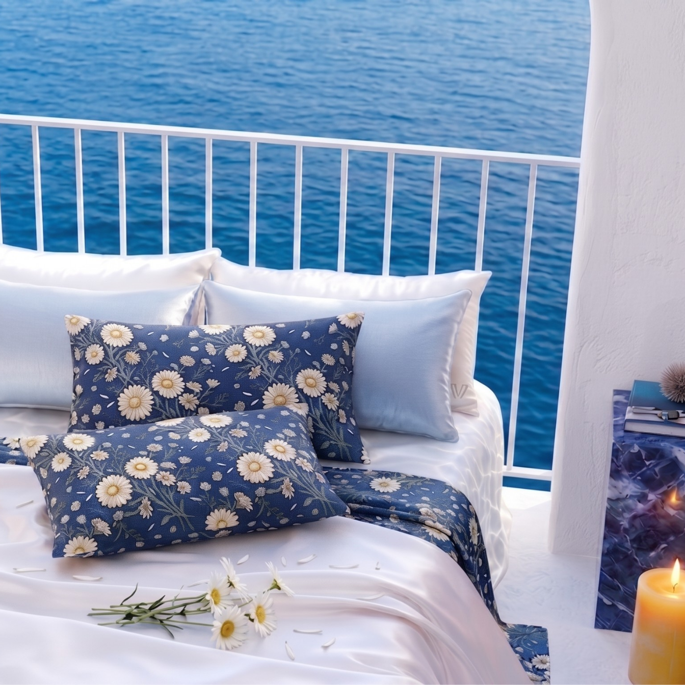 A styled bed with white bedding and navy blue floral pillows and duvet, set on a balcony overlooking a blue ocean. Decorative blue marble side tables, a lit candle, and small plants are placed around the bed.