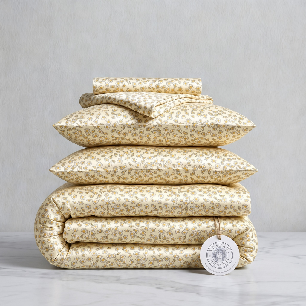 Wildbloom Pearl Ivory Sunlit Daisy Mulberry Silk Bedding Set