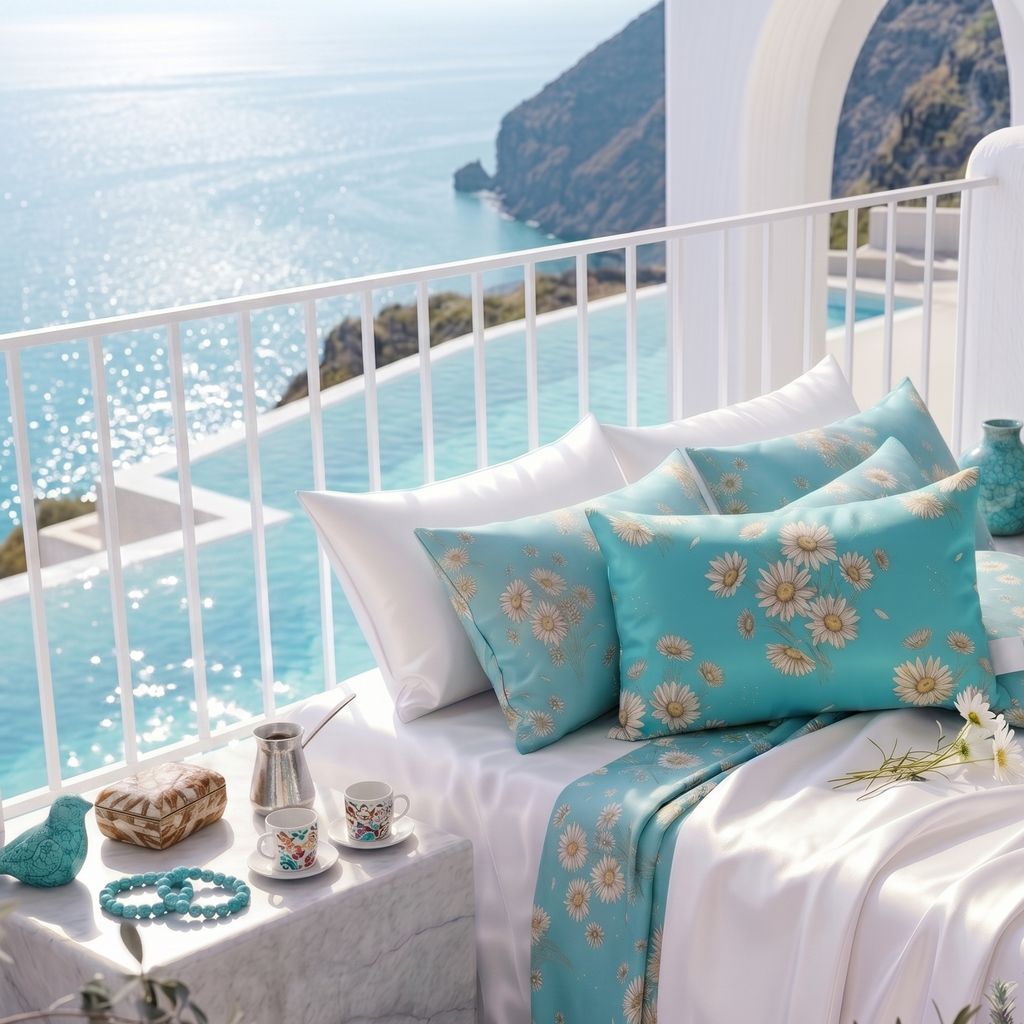 A styled daybed with white and turquoise floral pillows and a matching throw blanket, set on a balcony overlooking a bright blue ocean and coastal cliffs.