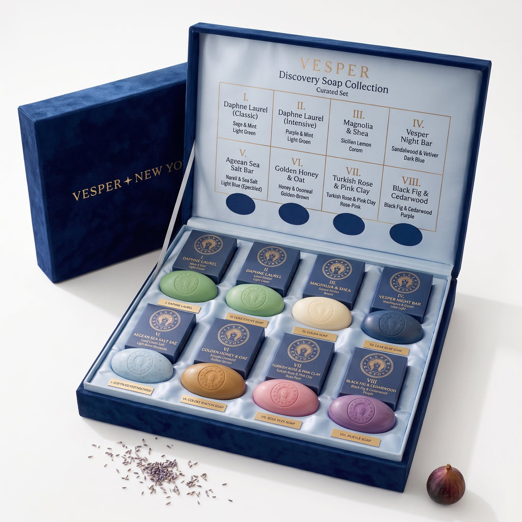 Vesper Discovery Soap Collection gift set shown open, with 8 individually wrapped round soaps in blue velvet compartments and a matching blue presentation box behind it on a white background.