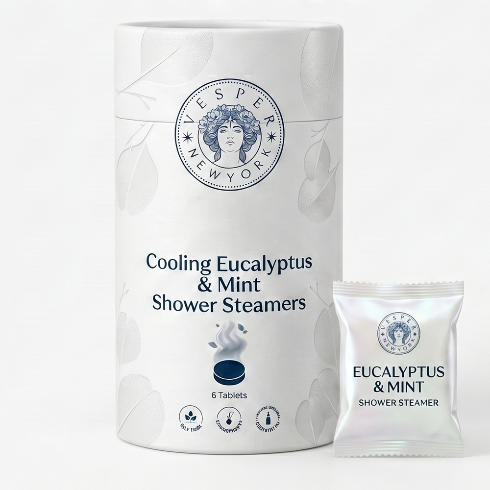 Vesper New York shower steamers with branding and product details on a white background