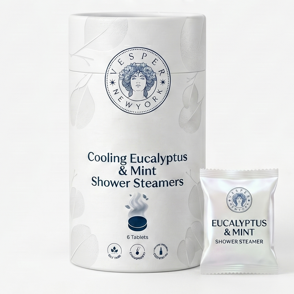 Vesper New York shower steamers with branding and product details on a white background