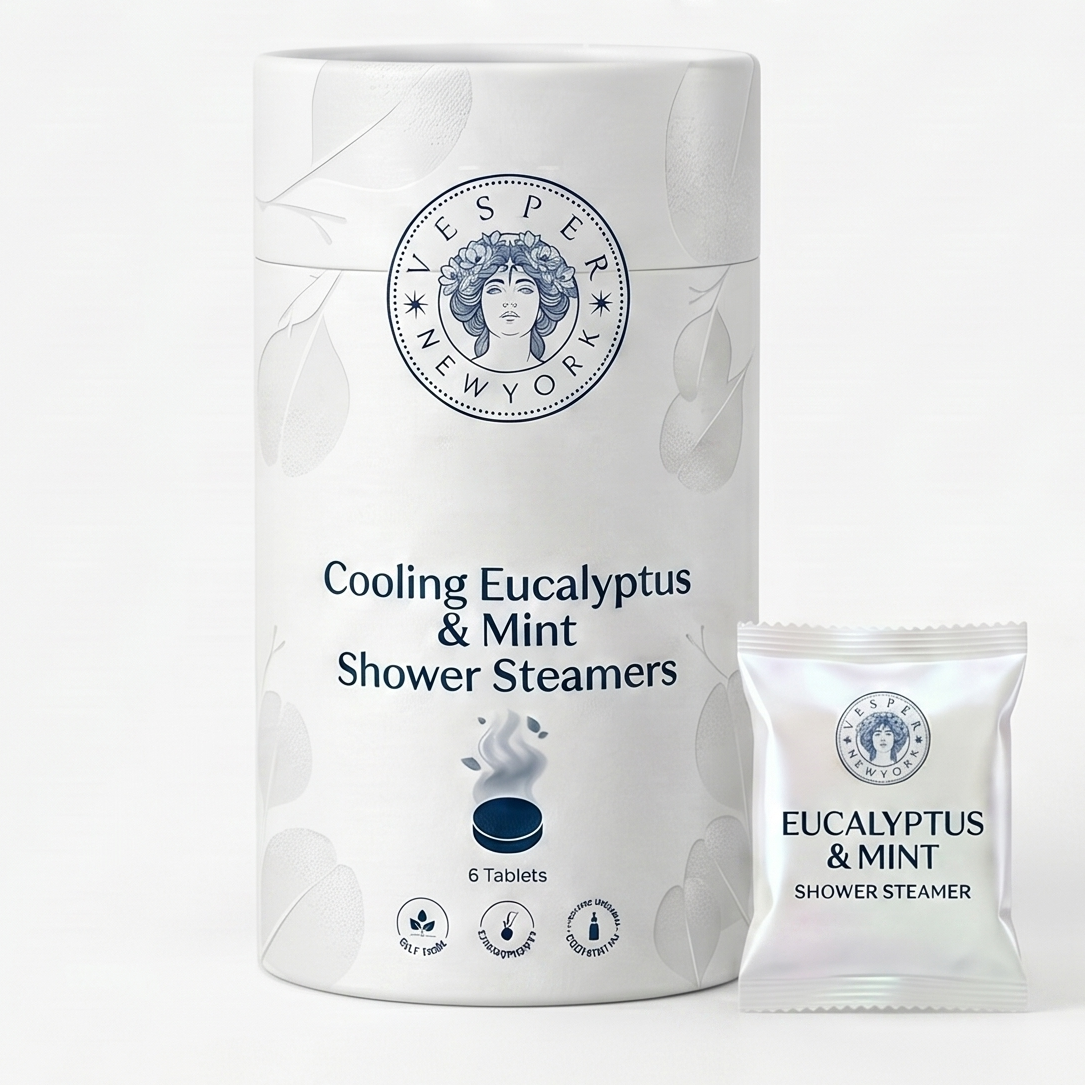 Vesper New York shower steamers with branding and product details on a white background