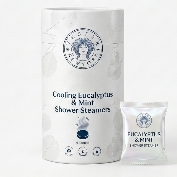 Vesper New York shower steamers with branding and product details on a white background